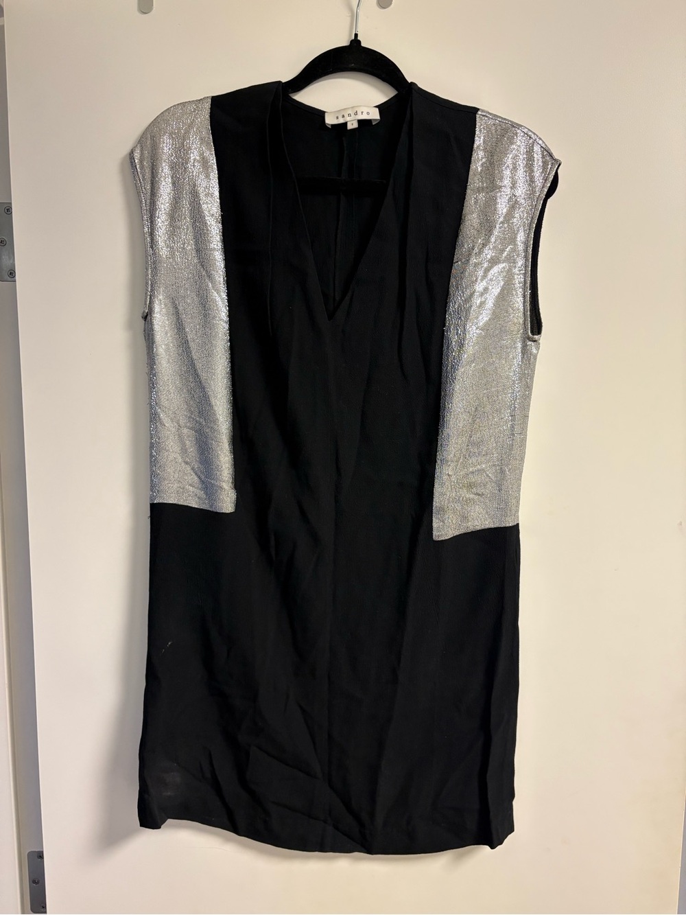 Sandro Black Shift Dress with Silver Metallic Panels